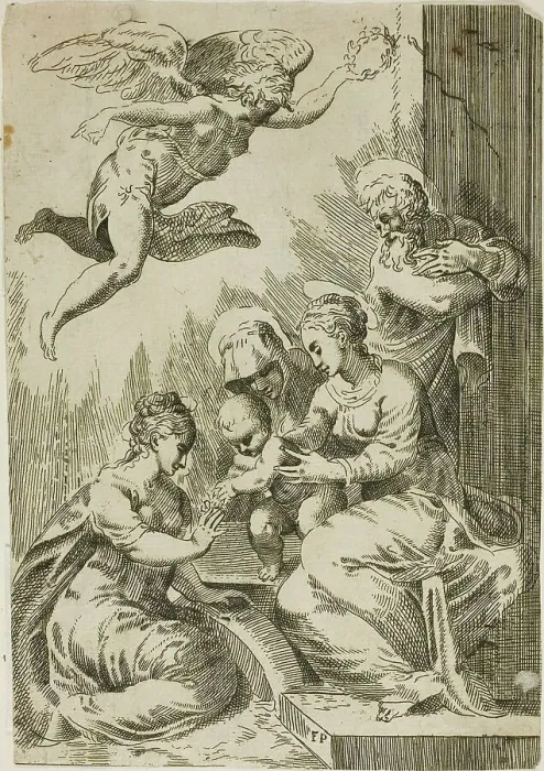 Framed Print : Holy Family Crowned by an Angel, 1530 / 35. Creator: Master F. P Framed Print : Holy Family Crowned by an Angel, 1530 / 35. Creator: Master F. P