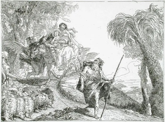 Framed Print : The Holy Family Descending a Forest Path, Near a Flock and Some Shepherds, between c1750 and c1753. Creator: Giovanni Domenico Tiepolo Framed Print : The Holy Family Descending a Forest Path, Near a Flock and Some Shepherds, between c1750 and c1753. Creator: Giovanni Domenico Tiepolo