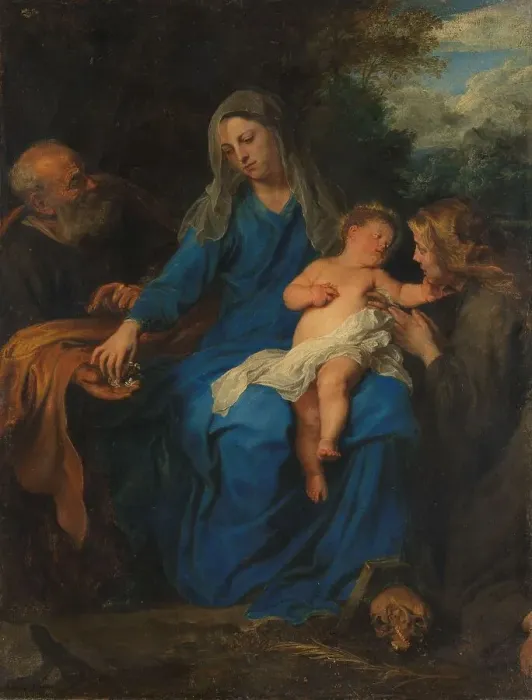 Framed Print : The Holy Family with a Female Saint in Adoration, c.1630-c.1650. Creator: Follower of Anthony van Dyck Framed Print : The Holy Family with a Female Saint in Adoration, c.1630-c.1650. Creator: Follower of Anthony van Dyck