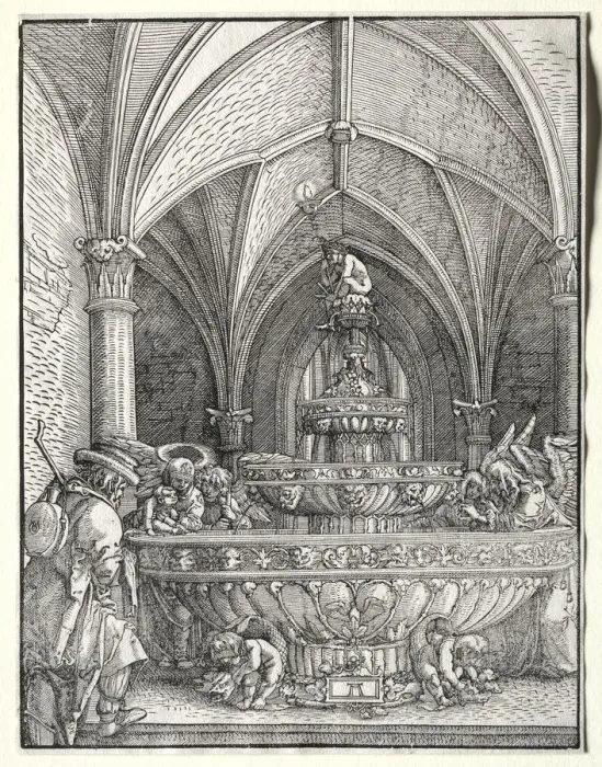 Framed Print : The Holy Family on the Flight into Egypt at a Fountain, c. 1520. Creator: Albrecht Altdorfer Framed Print : The Holy Family on the Flight into Egypt at a Fountain, c. 1520. Creator: Albrecht Altdorfer