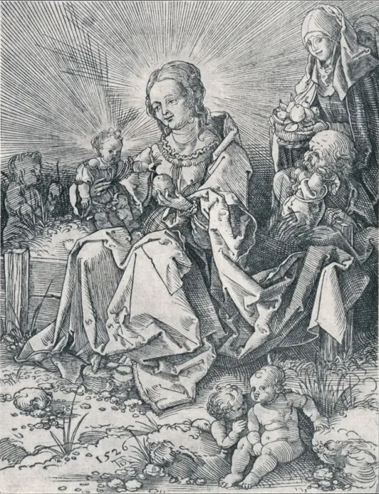 Framed Print : The Holy Family on a Grassy Bench, 1526 (1906). Artist: Albrecht Durer Framed Print : The Holy Family on a Grassy Bench, 1526 (1906). Artist: Albrecht Durer