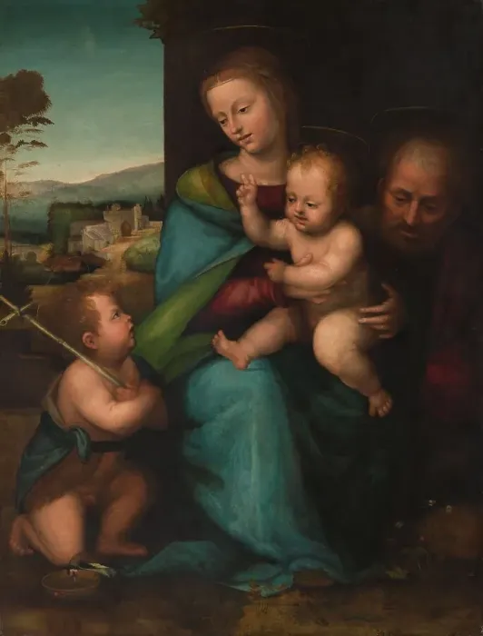 Framed Print : The Holy Family with the Infant John the Baptist, c.1505-c.1515. Creator: Bartolommeo (Fra) (circle of) Framed Print : The Holy Family with the Infant John the Baptist, c.1505-c.1515. Creator: Bartolommeo (Fra) (circle of)