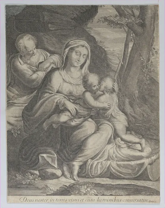 Framed Print : The Holy Family with infant Saint John the Baptist kneeling at right, 1550-1600. Creator: Anon Framed Print : The Holy Family with infant Saint John the Baptist kneeling at right, 1550-1600. Creator: Anon
