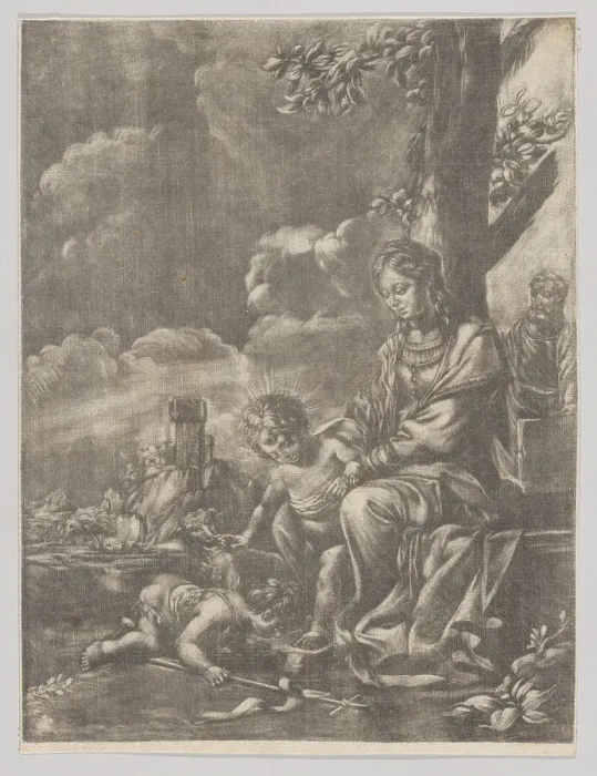 Framed Print : The Holy Family with the infant Saint John kissing Christ's feet, 1640-60. Creator: Anon Framed Print : The Holy Family with the infant Saint John kissing Christ's feet, 1640-60. Creator: Anon