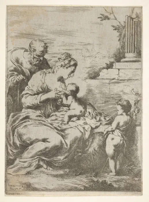 Framed Print : The Holy Family with the infant St John the Baptist at right, 1650-57 Framed Print : The Holy Family with the infant St John the Baptist at right, 1650-57