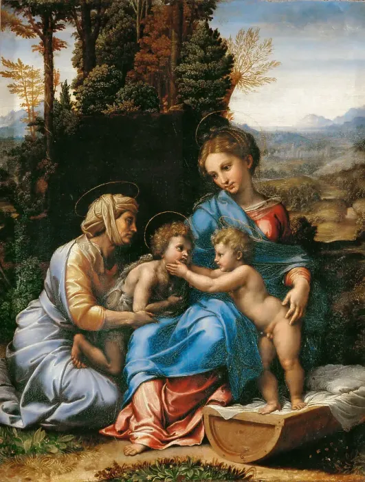 Framed Print : The Holy Family with John the Baptist as a Boy and Saint Elizabeth (La Petite Sainte Famille). Artist: Romano, Giulio (1499-1546) Framed Print : The Holy Family with John the Baptist as a Boy and Saint Elizabeth (La Petite Sainte Famille). Artist: Romano, Giulio (1499-1546)