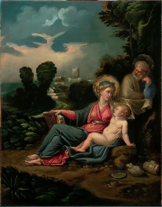 Framed Print : The Holy Family in a landscape, c.1534-1536. Creator: Girolamo da Carpi (Girolamo Sellari) (1501-1556) Framed Print : The Holy Family in a landscape, c.1534-1536. Creator: Girolamo da Carpi (Girolamo Sellari) (1501-1556)