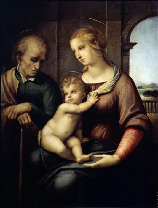 Framed Print : The Holy Family (Madonna with Beardless Joseph), c1505-c1506. Artist: Raphael Framed Print : The Holy Family (Madonna with Beardless Joseph), c1505-c1506. Artist: Raphael