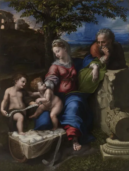 Framed Print : The Holy Family Under an Oak Tree, ca 1518. Artist: Raphael (1483-1520) Framed Print : The Holy Family Under an Oak Tree, ca 1518. Artist: Raphael (1483-1520)