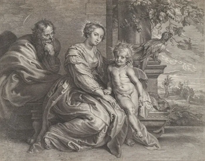 Framed Print : The Holy Family with a parrot, ca. 1625-59. Creator: Boetius Adams Bolswert Framed Print : The Holy Family with a parrot, ca. 1625-59. Creator: Boetius Adams Bolswert