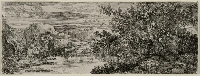 Framed Print : The Holy Family beside a Pool, 1865. Creator: Rodolphe Bresdin