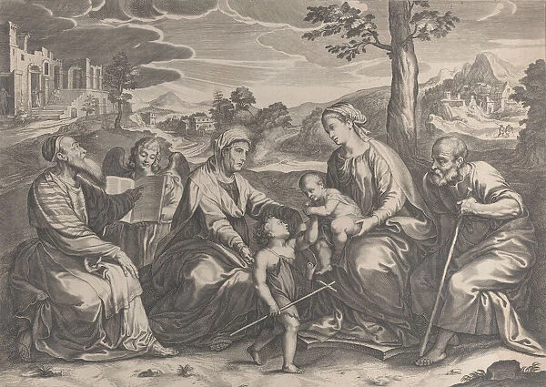 The Holy Family at right, with the infant Saint John the Baptist, Elizabeth, Zacharias