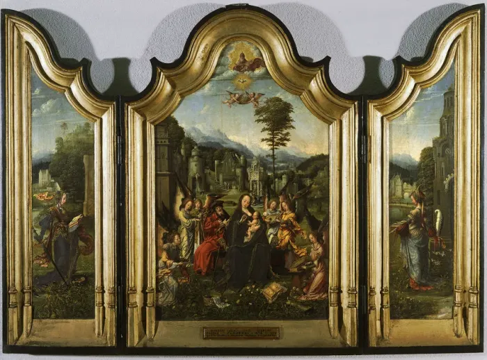Framed Print : The Holy Family with Saint Catherine and Saint Barbara (Triptych), c. 1505. Artist: Gossaert, Jan (ca. 1478-1532) Framed Print : The Holy Family with Saint Catherine and Saint Barbara (Triptych), c. 1505. Artist: Gossaert, Jan (ca. 1478-1532)