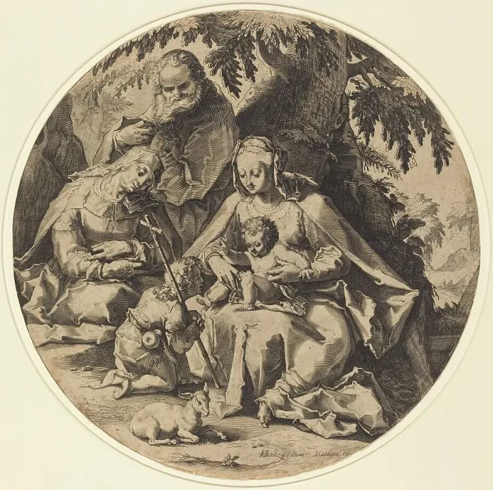 Framed Print : The Holy Family with Saint Elizabeth and Saint John the Baptist, 1600 / 1620. Creator: Matham, Workshop of Jacob, after Hendrik Goltzius Framed Print : The Holy Family with Saint Elizabeth and Saint John the Baptist, 1600 / 1620. Creator: Matham, Workshop of Jacob, after Hendrik Goltzius