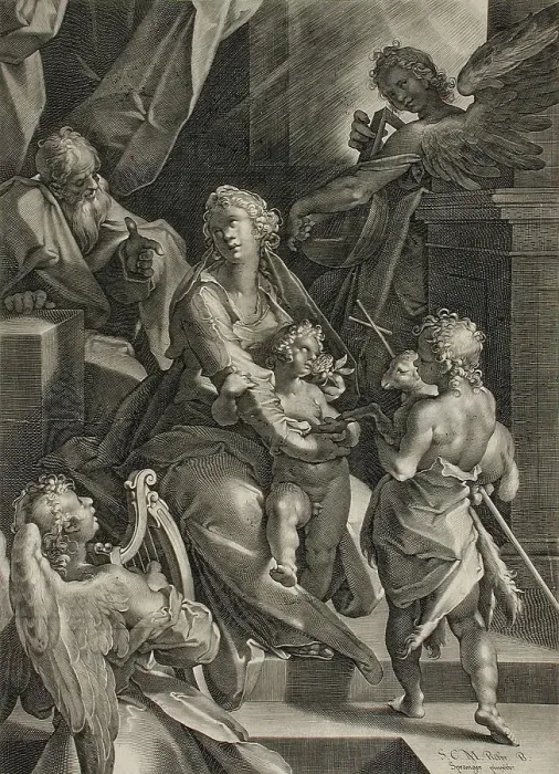 Framed Print : The Holy Family with Saint John the Baptist and Angels, 1605. Creator: Lucas Kilian