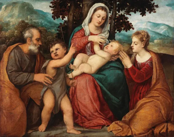 Framed Print : Holy Family with Saint John the Baptist and Saint Catherine. Creator: Veronese (de Pitati) Framed Print : Holy Family with Saint John the Baptist and Saint Catherine. Creator: Veronese (de Pitati)