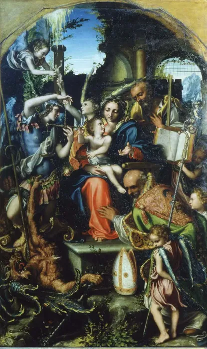 Framed Print : Holy Family with Saint Michael the Archangel and the Devil Contending for Souls, Saint Bernhard and Artist: Gandini del Grano, Giorgio (c. 1500-1538) Framed Print : Holy Family with Saint Michael the Archangel and the Devil Contending for Souls, Saint Bernhard and Artist: Gandini del Grano, Giorgio (c. 1500-1538)