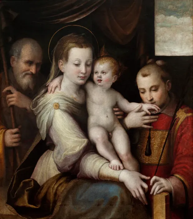 Framed Print : The Holy Family with Saint Stephen, c. 1560. Creator: Longhi, Luca (1507-1580) Framed Print : The Holy Family with Saint Stephen, c. 1560. Creator: Longhi, Luca (1507-1580)
