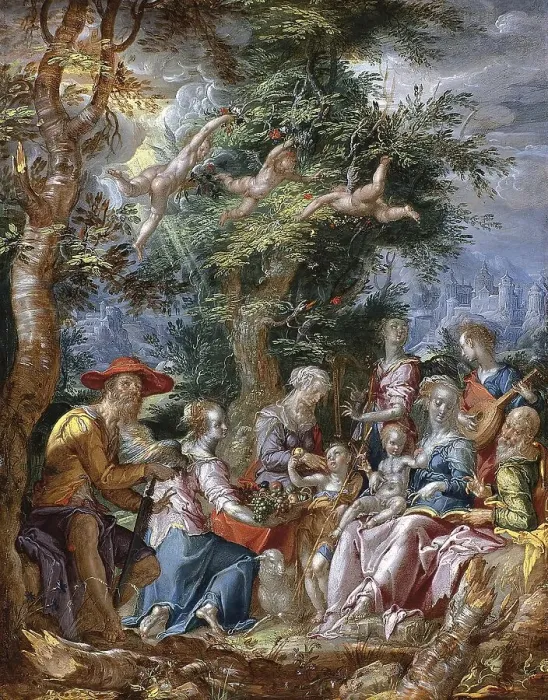 Framed Print : The Holy Family with Saints and Angels, 1606. Creator: Joachim Anthonisz Wtewael Framed Print : The Holy Family with Saints and Angels, 1606. Creator: Joachim Anthonisz Wtewael