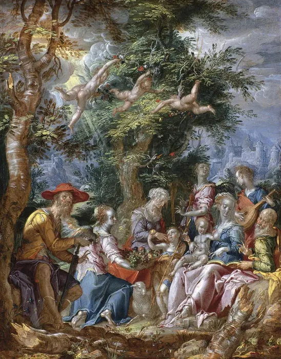 Framed Print : The Holy Family with Saints and Angels. Artist: Wtewael, Joachim (1566-1638) Framed Print : The Holy Family with Saints and Angels. Artist: Wtewael, Joachim (1566-1638)