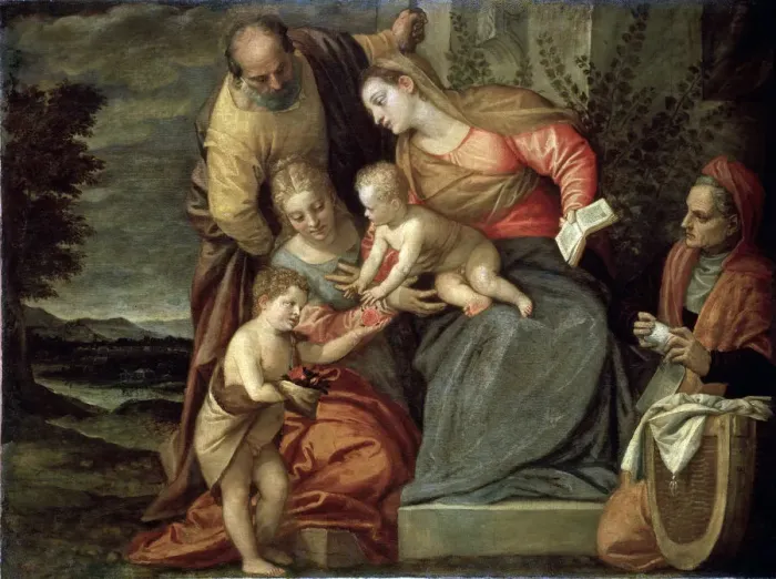 Framed Print : The Holy Family with Saints Catherine, Anne and John the Baptist, c1580-c1582. Artist: Benedetto Caliari Framed Print : The Holy Family with Saints Catherine, Anne and John the Baptist, c1580-c1582. Artist: Benedetto Caliari