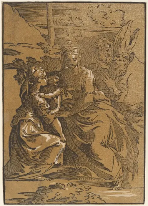 Framed Print : The Holy Family with Two Saints. Creator: Antonio da Trento Framed Print : The Holy Family with Two Saints. Creator: Antonio da Trento