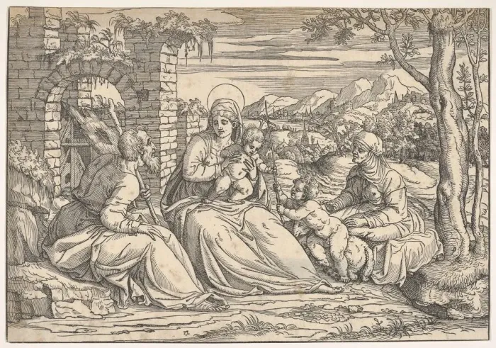Framed Print : The Holy Family with saints Elizabeth and John, ca. 1550. Creator: Attributed to Nicolo Boldrini (Italian, Vicenza ca. 1500-after 1566 Venice) Framed Print : The Holy Family with saints Elizabeth and John, ca. 1550. Creator: Attributed to Nicolo Boldrini (Italian, Vicenza ca. 1500-after 1566 Venice)