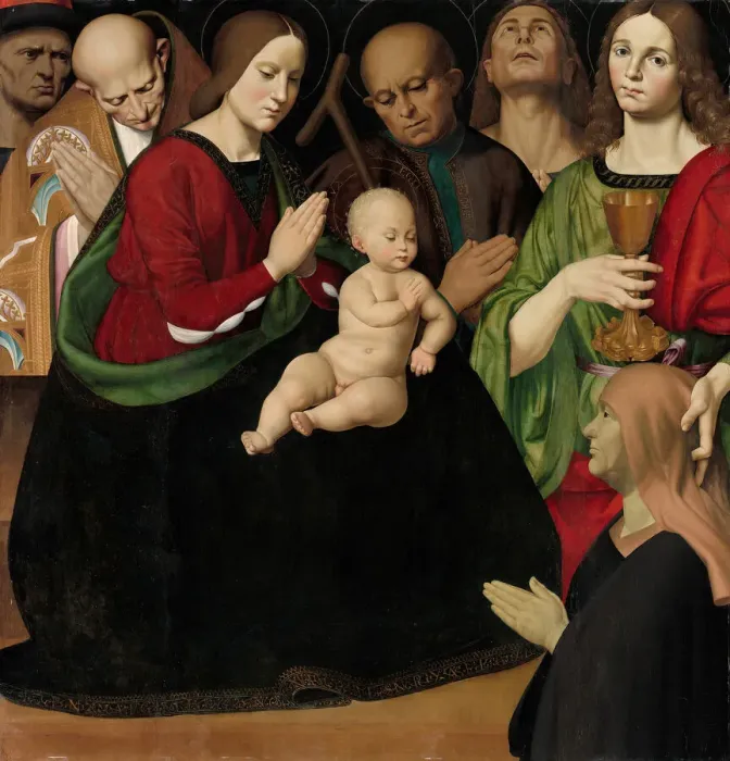 Framed Print : The Holy Family with Four Saints and a Female Donor, c. 1510. Creator: Antonio Rimpacta Framed Print : The Holy Family with Four Saints and a Female Donor, c. 1510. Creator: Antonio Rimpacta