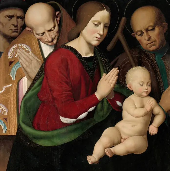 Framed Print : The Holy Family with Four Saints and a Female Donor, c. 1510. Creator: Antonio Rimpacta Framed Print : The Holy Family with Four Saints and a Female Donor, c. 1510. Creator: Antonio Rimpacta