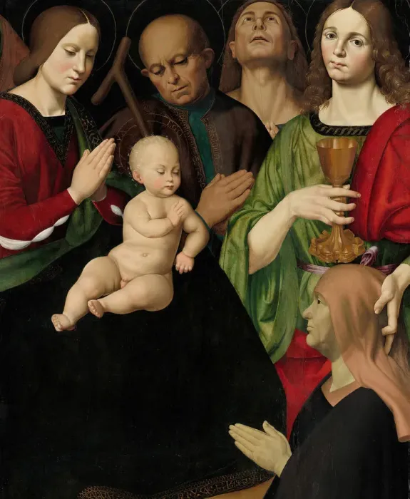 Framed Print : The Holy Family with Four Saints and a Female Donor, c. 1510. Creator: Antonio Rimpacta Framed Print : The Holy Family with Four Saints and a Female Donor, c. 1510. Creator: Antonio Rimpacta