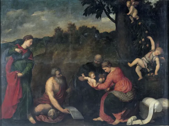 Framed Print : The Holy Family with Saints Jerome, Catherine of Alexandria and angels Framed Print : The Holy Family with Saints Jerome, Catherine of Alexandria and angels
