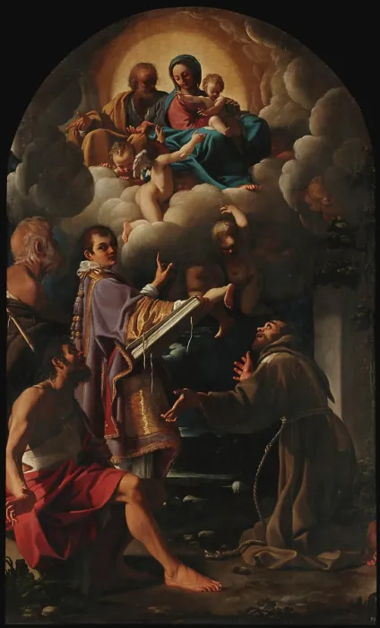 Framed Print : The Holy Family with Saints Lawrence, Francis of Assisi, Peregrine of Auxerre... 1608-1610. Creator: Schedone (Schidone), Bartolomeo (1570-1615) Framed Print : The Holy Family with Saints Lawrence, Francis of Assisi, Peregrine of Auxerre... 1608-1610. Creator: Schedone (Schidone), Bartolomeo (1570-1615)