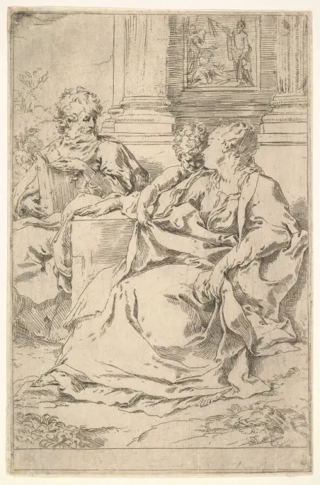 Framed Print : The Holy Family with Scriptural Scene in Background. Creator: Guido Reni Framed Print : The Holy Family with Scriptural Scene in Background. Creator: Guido Reni