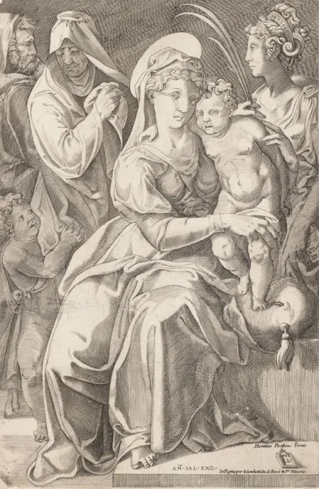 Framed Print : The Holy Family with St. Anne and St. Catherine, 1542, published 1627-50 Framed Print : The Holy Family with St. Anne and St. Catherine, 1542, published 1627-50