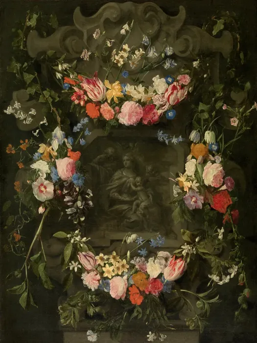 Framed Print : The Holy Family Surrounded by a Garland of Flowers. Creator: Jacob Denys Framed Print : The Holy Family Surrounded by a Garland of Flowers. Creator: Jacob Denys