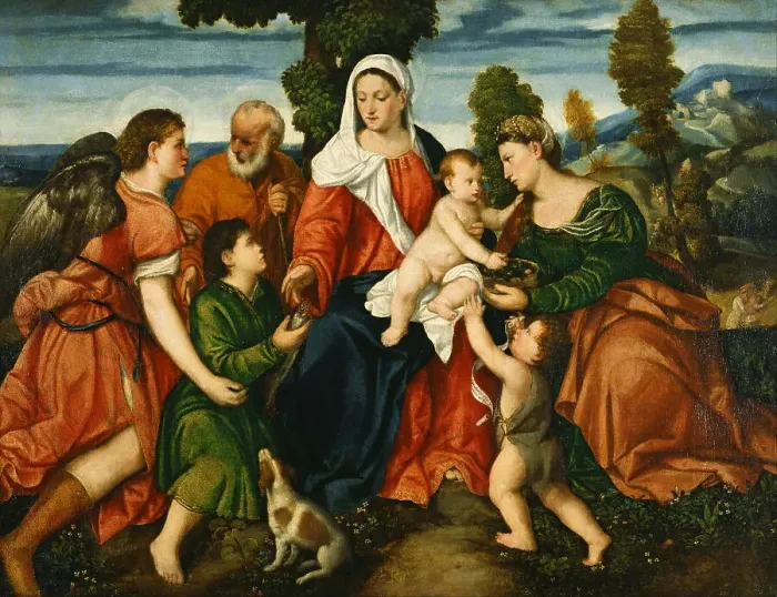Framed Print : The Holy Family with Tobias and the Angel, Saint Dorothy, John the Baptist and the Miracle of the Co Artist: Veronese (de Pitati), Bonifacio (1487-1553) Framed Print : The Holy Family with Tobias and the Angel, Saint Dorothy, John the Baptist and the Miracle of the Co Artist: Veronese (de Pitati), Bonifacio (1487-1553)