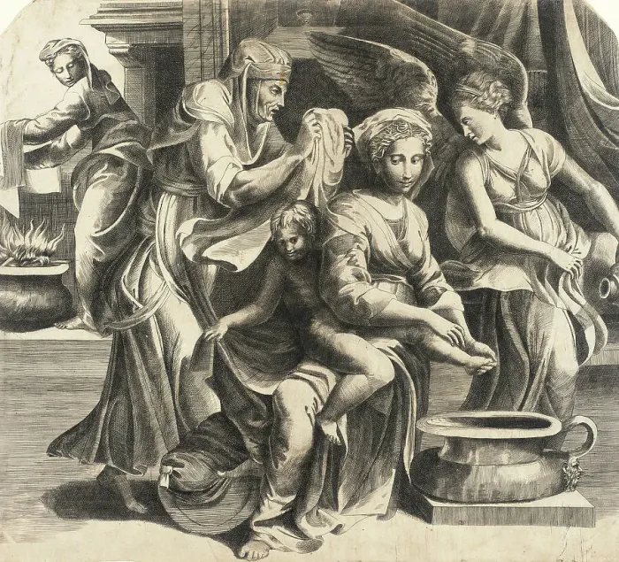 Framed Print : The Holy Family with the Virgin Bathing the Christ Child, between circa 1550 and circa 1560. Creator: Giulio Bonasone Framed Print : The Holy Family with the Virgin Bathing the Christ Child, between circa 1550 and circa 1560. Creator: Giulio Bonasone