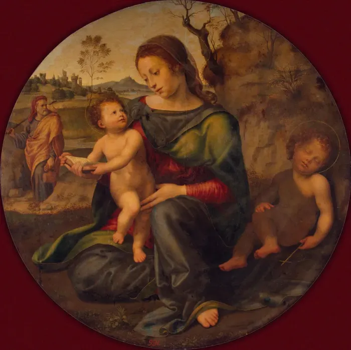 Framed Print : The Holy Family with the young John the Baptist, c. 1520. Artist: Bugiardini, Giuliano (1475-1554) Framed Print : The Holy Family with the young John the Baptist, c. 1520. Artist: Bugiardini, Giuliano (1475-1554)