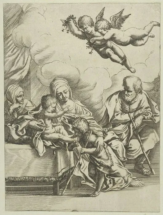 Framed Print : The Holy Family with young John the Baptist and Saint Elizabeth, two angels above... ca. 1590-1610. Creator: Anon Framed Print : The Holy Family with young John the Baptist and Saint Elizabeth, two angels above... ca. 1590-1610. Creator: Anon