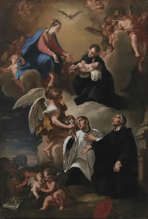Framed Print : The Holy Ghost, Angels and the Virgin with Saints Mark, Stanislau Kostka... 1703-1802. Creators: Nicola Grassi, Antonio Balestra Framed Print : The Holy Ghost, Angels and the Virgin with Saints Mark, Stanislau Kostka... 1703-1802. Creators: Nicola Grassi, Antonio Balestra