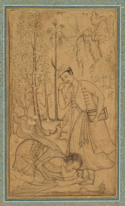 Framed Print : A Holy Man Prostrating Himself Before a Learned Prince, c. 1585; border added probably 1700s Framed Print : A Holy Man Prostrating Himself Before a Learned Prince, c. 1585; border added probably 1700s