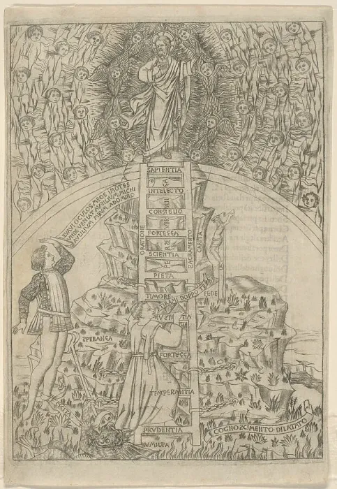 Framed Print : The Holy Mountain, folio 3 from The Holy Mountain (Monte Sancto di Dio), 1477. Creators: Baccio Baldini, Antonio Bettini Framed Print : The Holy Mountain, folio 3 from The Holy Mountain (Monte Sancto di Dio), 1477. Creators: Baccio Baldini, Antonio Bettini