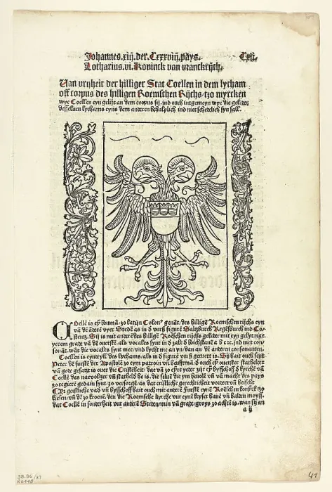 Framed Print : Holy Roman Empire Coat of Arms with Cologne Coat of Arms from Koelner Chronik... 1929. Creators: Unknown, Johann Koelhoff the Younger, Wilhelm Ludwig Schreiber Framed Print : Holy Roman Empire Coat of Arms with Cologne Coat of Arms from Koelner Chronik... 1929. Creators: Unknown, Johann Koelhoff the Younger, Wilhelm Ludwig Schreiber