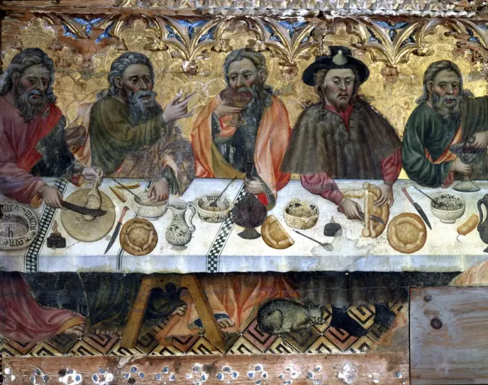 Framed Print : Holy Supper tempera painting on wood by Jaume Ferrer, detail of the apostles in the left side Framed Print : Holy Supper tempera painting on wood by Jaume Ferrer, detail of the apostles in the left side