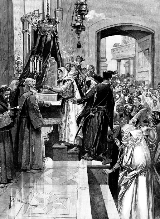 Framed Print : Holy Thursday at the Holy Sepulchre: kissing the column at which Christ was flagellated, 1895. Creator: P Naumann Framed Print : Holy Thursday at the Holy Sepulchre: kissing the column at which Christ was flagellated, 1895. Creator: P Naumann