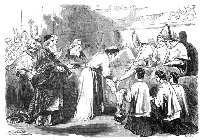 Framed Print : Holy Thursday - the Pope washing the feet of poor priests, 1844. Creator: Unknown Framed Print : Holy Thursday - the Pope washing the feet of poor priests, 1844. Creator: Unknown