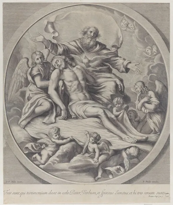 Framed Print : The Holy Trinity, with the dead Christ at center surrounded by angels, God the Father... 1650-90. Creator: Anon