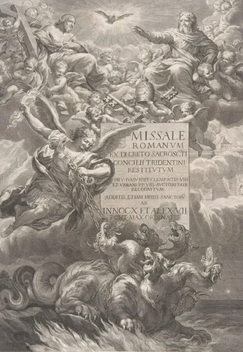 Framed Print : The holy trinity with Saint Michael vanquishing a six-headed dragon, frontispiece to Framed Print : The holy trinity with Saint Michael vanquishing a six-headed dragon, frontispiece to