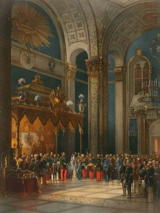 Framed Print : Homage of Cossack officers in the Throne Hall, coronation of Tsar Alexander II, Moscow, 1856. Artist: Georg Wilhelm Timm Framed Print : Homage of Cossack officers in the Throne Hall, coronation of Tsar Alexander II, Moscow, 1856. Artist: Georg Wilhelm Timm
