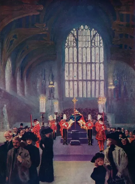 Framed Print : The homage of his people: King Edwards lying in state, Westminster Hall, May 16-19, 1910 (1911). Artist: Edward Frederick Skinner Framed Print : The homage of his people: King Edwards lying in state, Westminster Hall, May 16-19, 1910 (1911). Artist: Edward Frederick Skinner